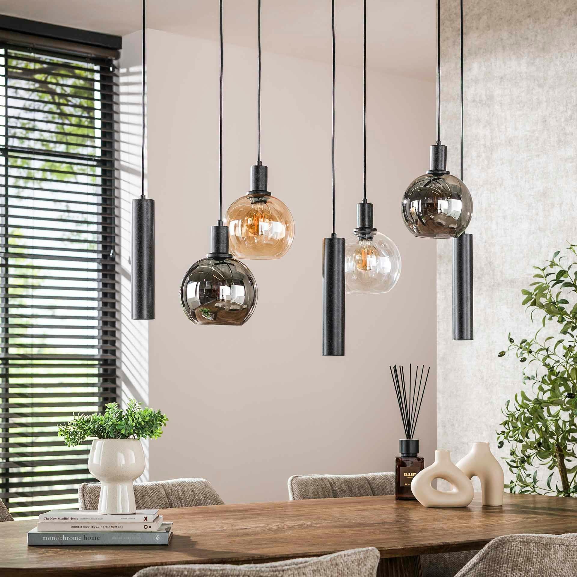 Suspension cuisine vintage - 4 globes verre, 3 cylindres NOVA