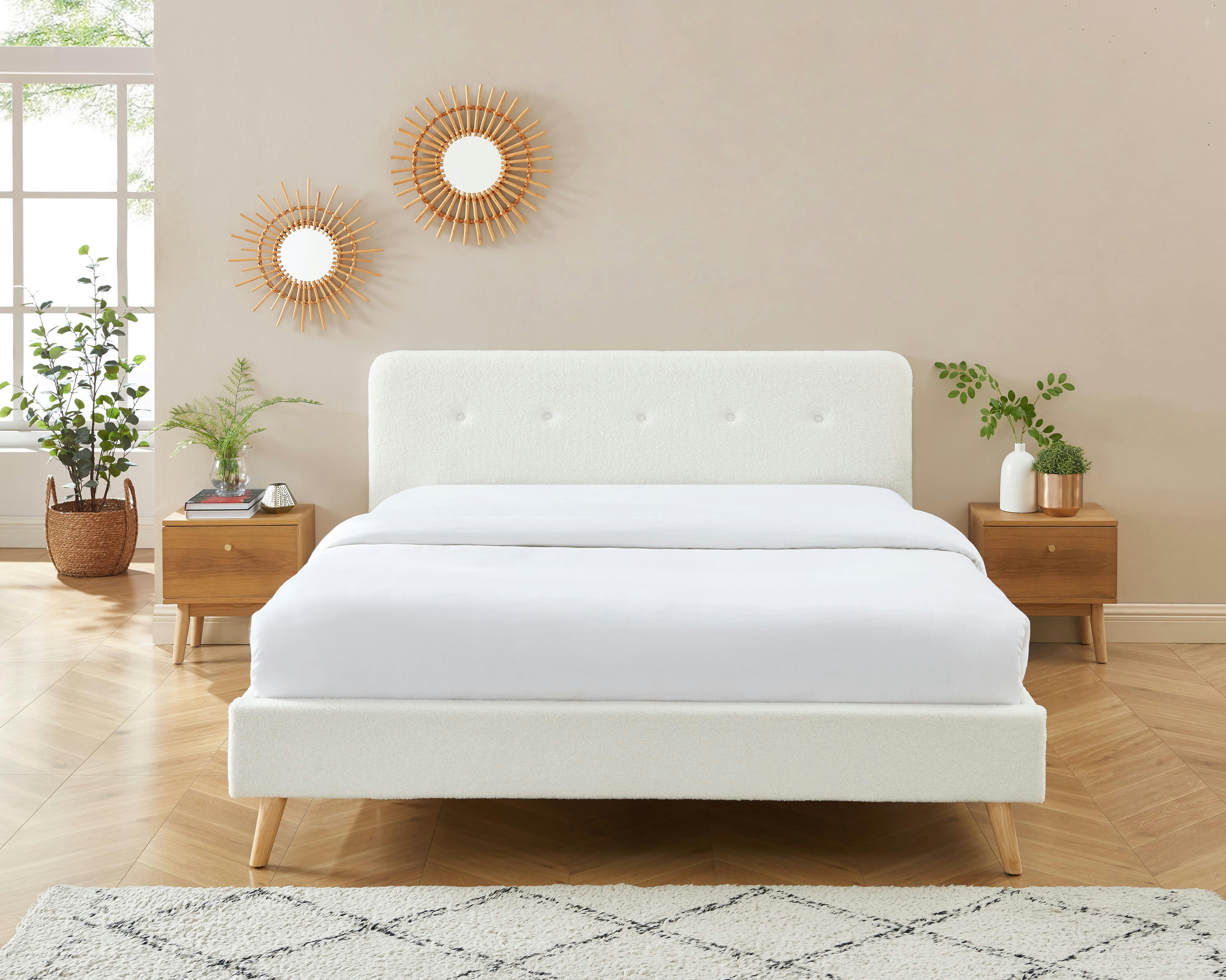 ANDREAS - Lit double  bouclette blanche 160x200 sommier inclus