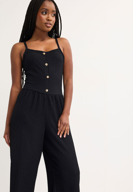 Womens Black Textured Button Through Jumpsuit