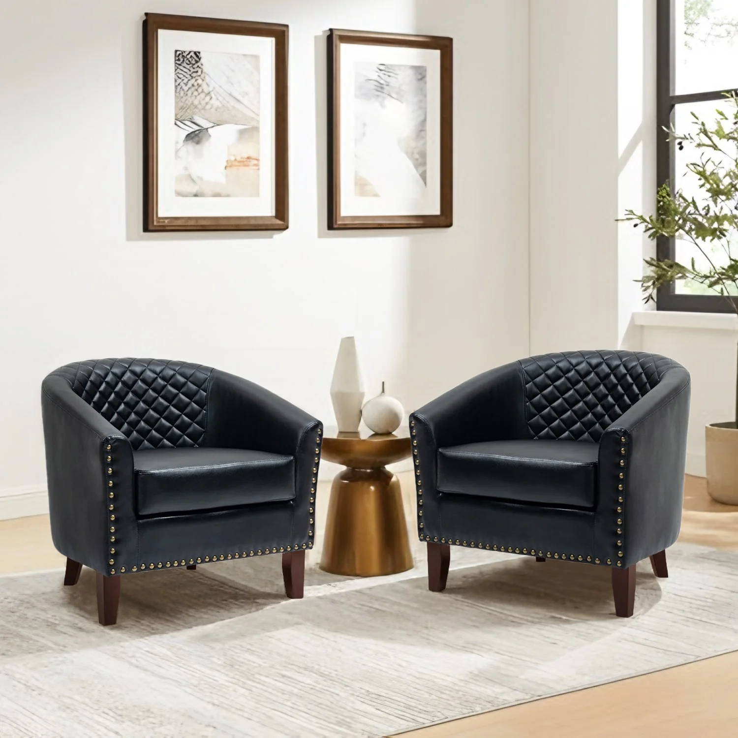 2 Set Vegan Leather Barrel Accent Chairs with Nailheads Trim