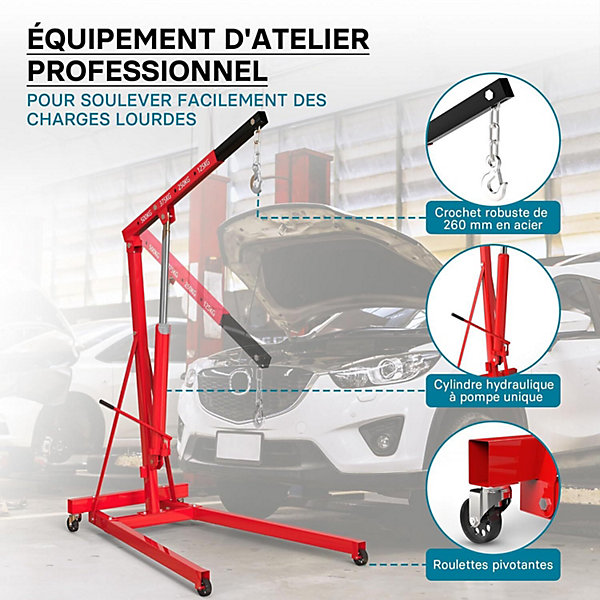 Grue AtelierCapacité max. 500 kgHauteur max. 2230 mmBras levage 830 1280 mmChèvre Atelier en acierLève moteur