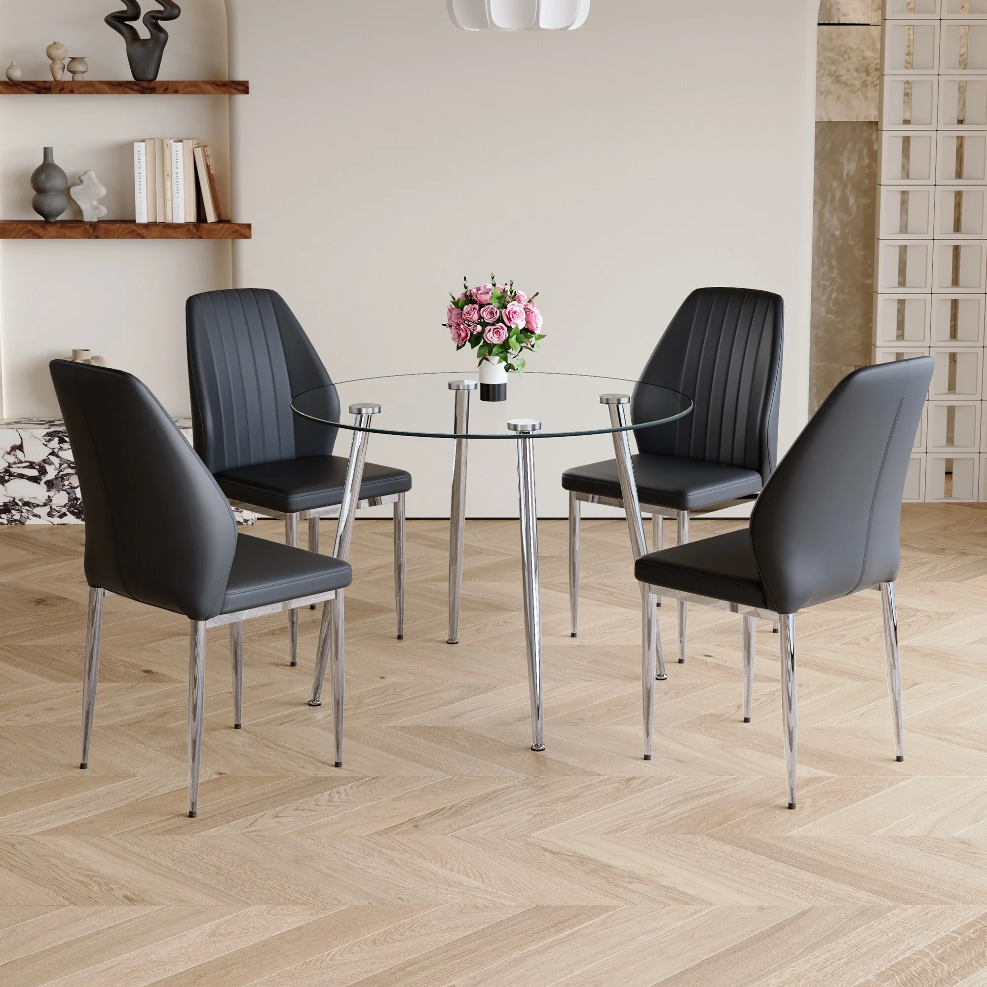 Modern Style 5-Piece Dining Set with Round Glass Table and 4 PU Extended Backrest Dining Chairs