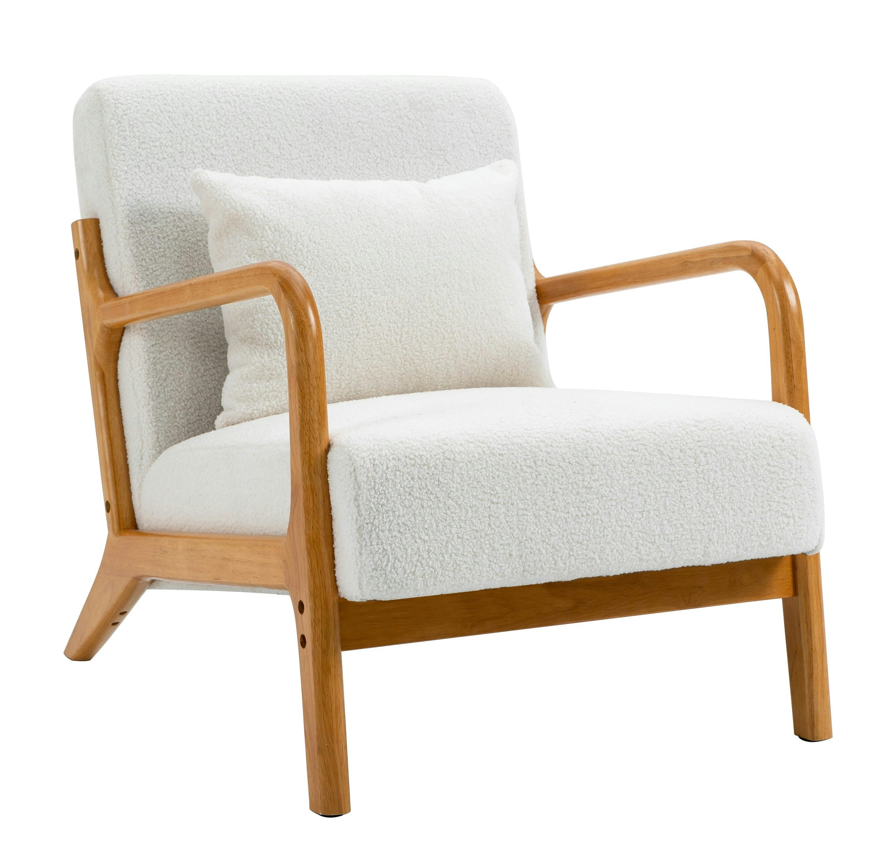 - Fauteuil de salon en bois massif et bouclettes blanches