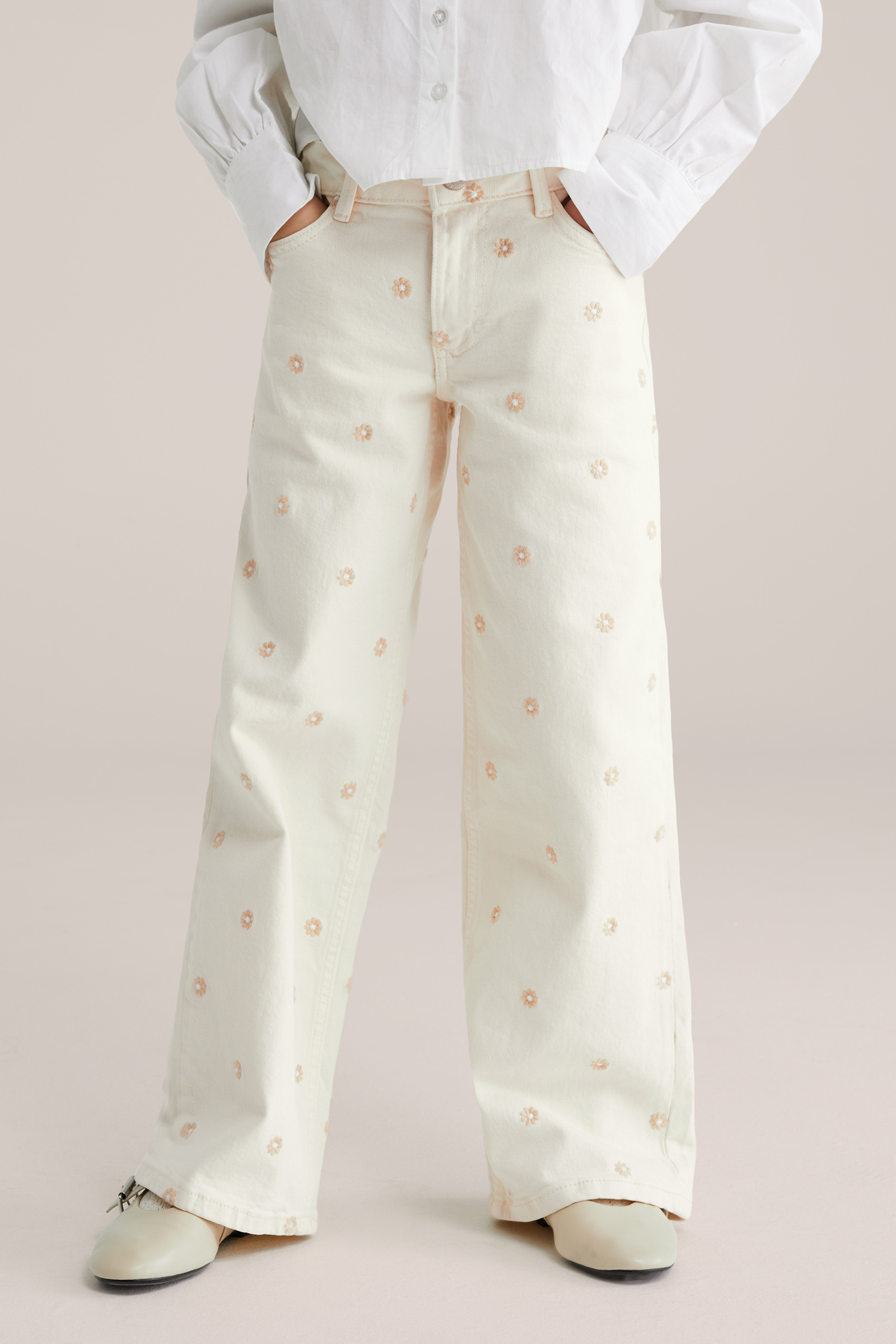 Meisjes wide leg jeans met bloemen embroideries
