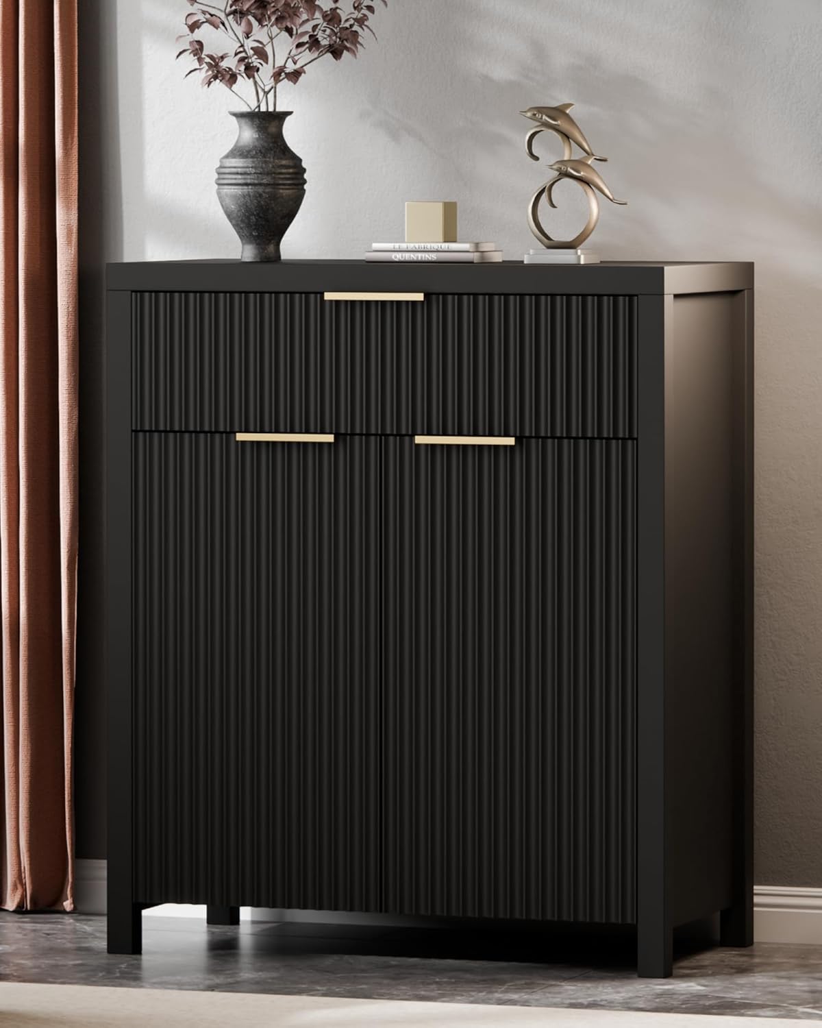 Lulive Black Fluted Storage Cabinet with Drawers Buffet Sideboard Cabinet with Adjustable Shelves for Kitchen Living Room, Kitchen, Entryway