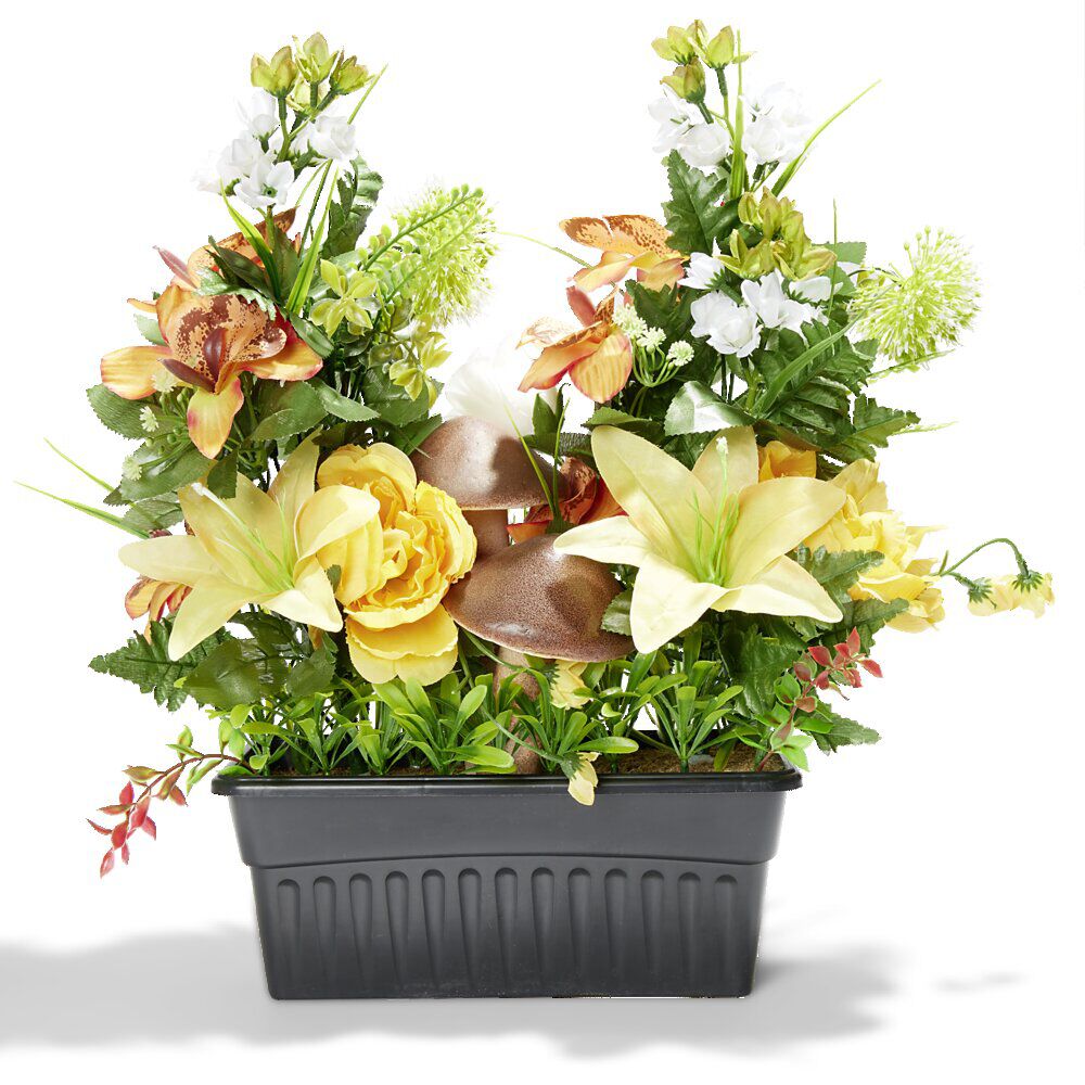 Jardinière lestée de fleurs artificielles automne et champignon 57x33xH47cm