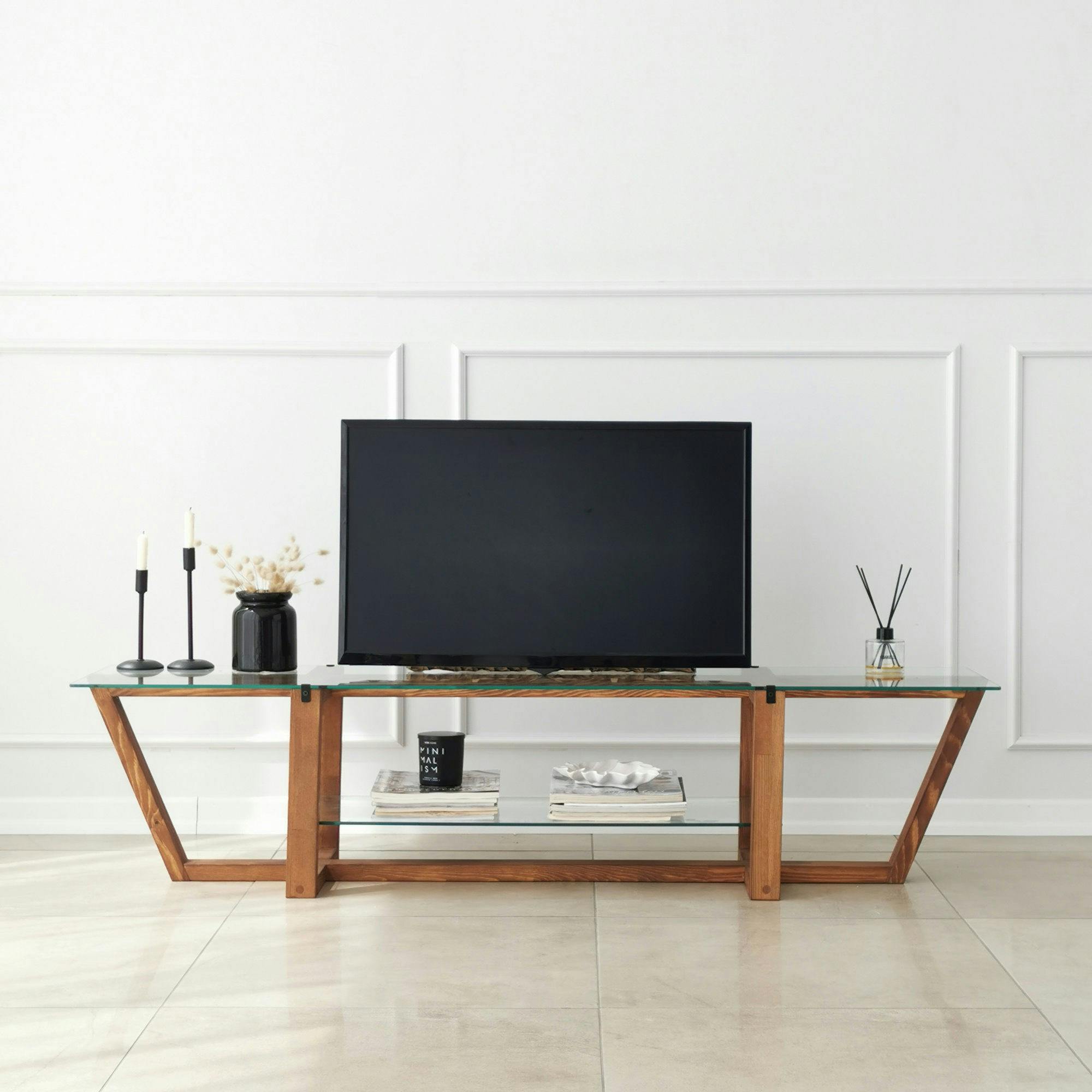 Meuble TV verre trempé bois foncé - 158 cm 2 niveaux LHASA