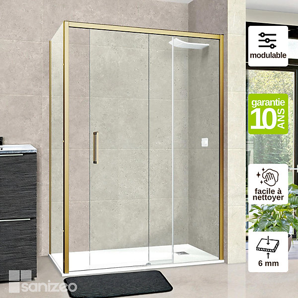Paroi de douche porte coulissante et paroi latérale GAUCHE - L.100/104xl.80xH195 cm - verre 6mm Or Brossé SUPERBAN Vézannes 2PL
