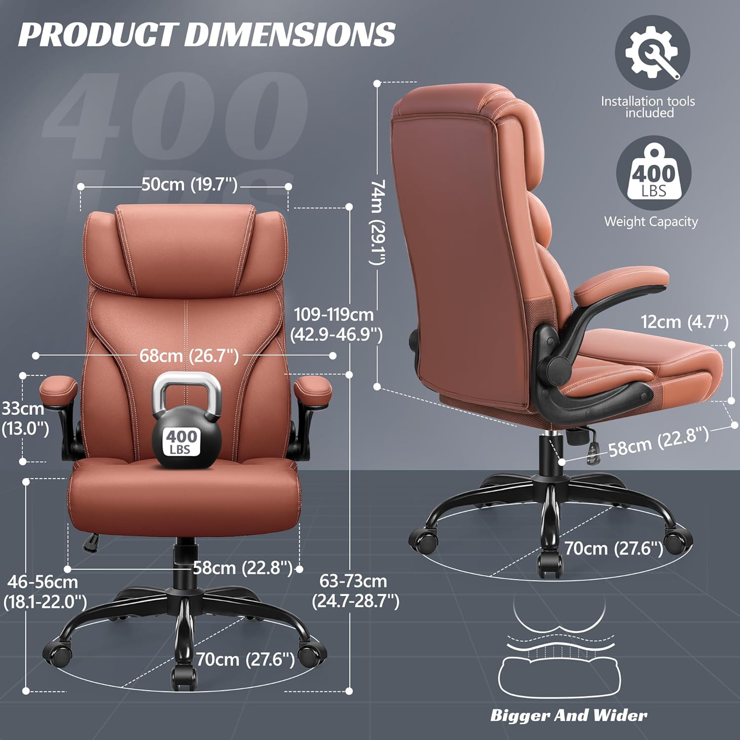 HeroSet Office Chair, Ergonomic Big and Tall Computer Desk Chairs, Executive Breathable Leather Chair with Adjustable High Back Flip-up Armrests, Lumbar Support Swivel PC Chair with Rocking Function