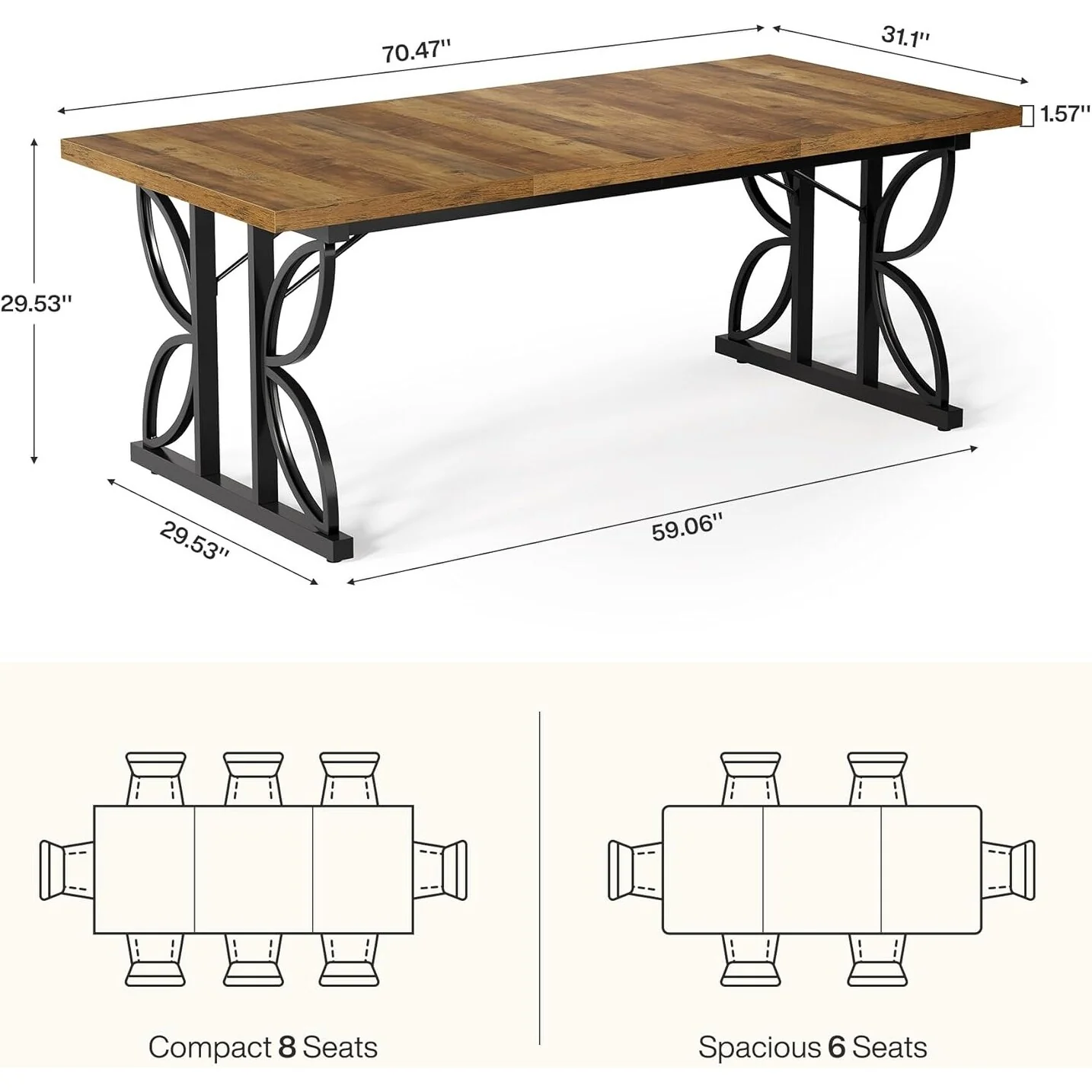 71 Inches Dining Table, Farmhouse Kitchen Dinner Table with Metal Frame