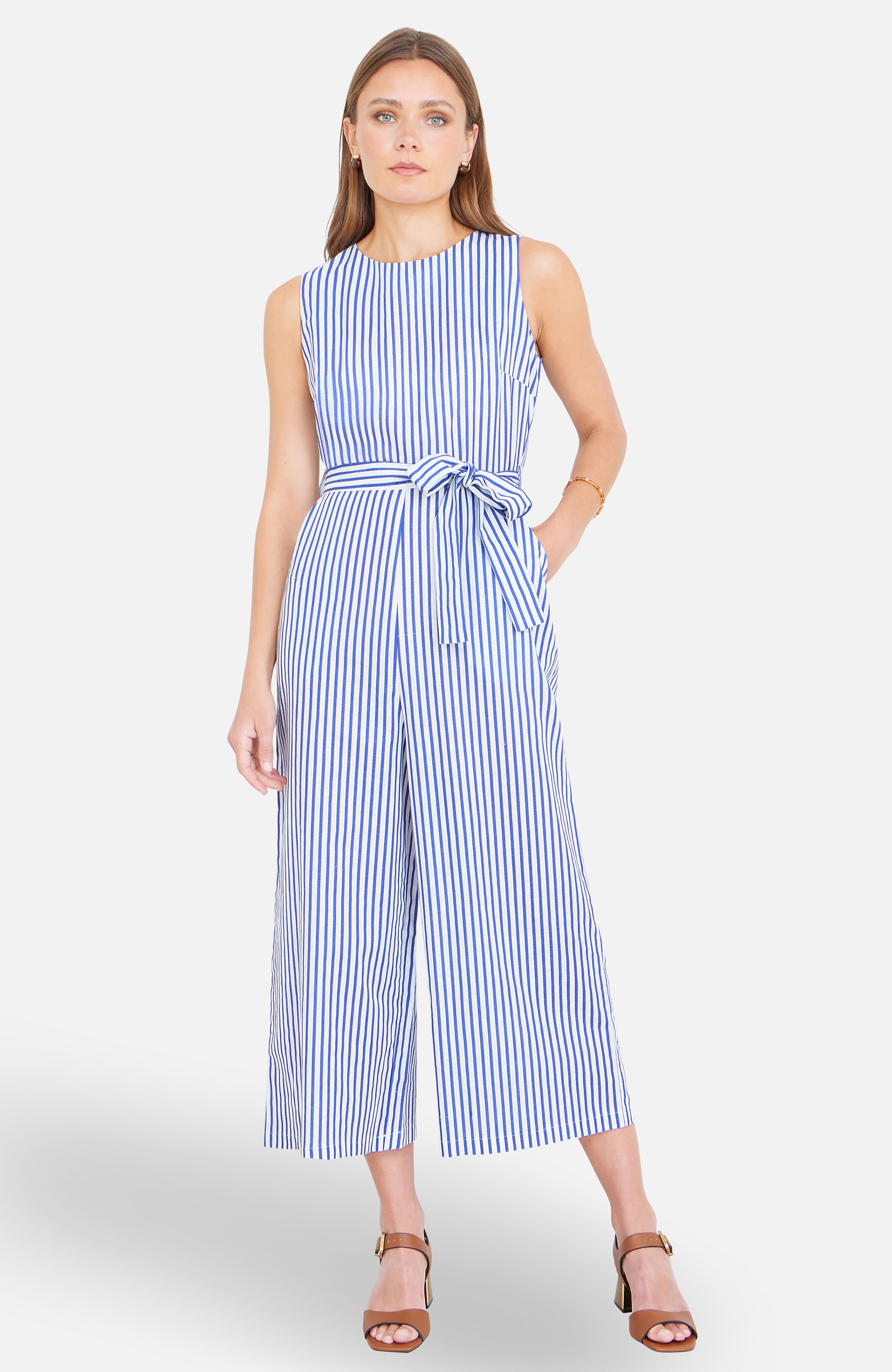 Yumi Blue Cotton Stripe Culotte Jumpsuit