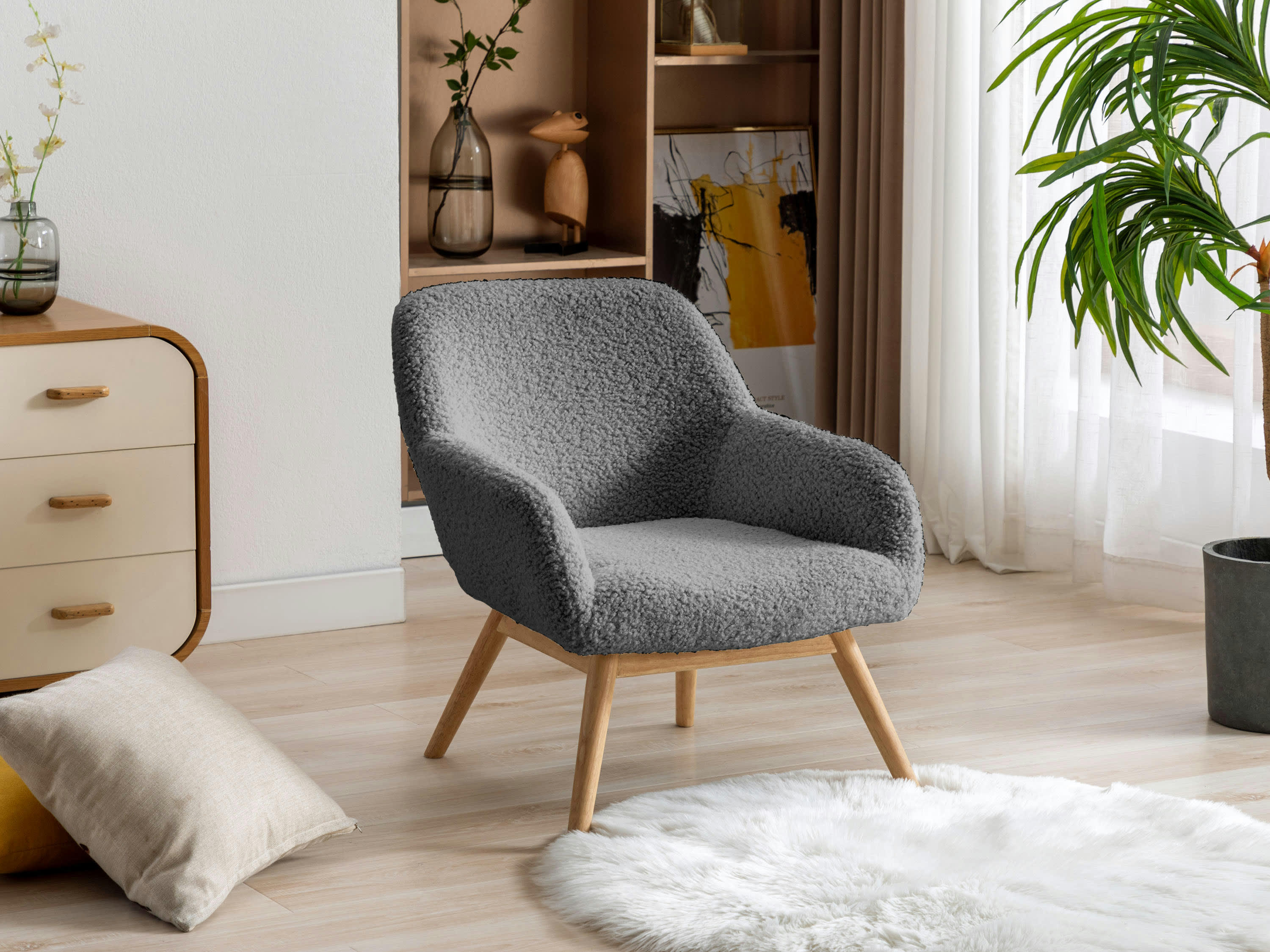 MALMO - Fauteuil lounge en tissu laine bouclé gris, pieds bois