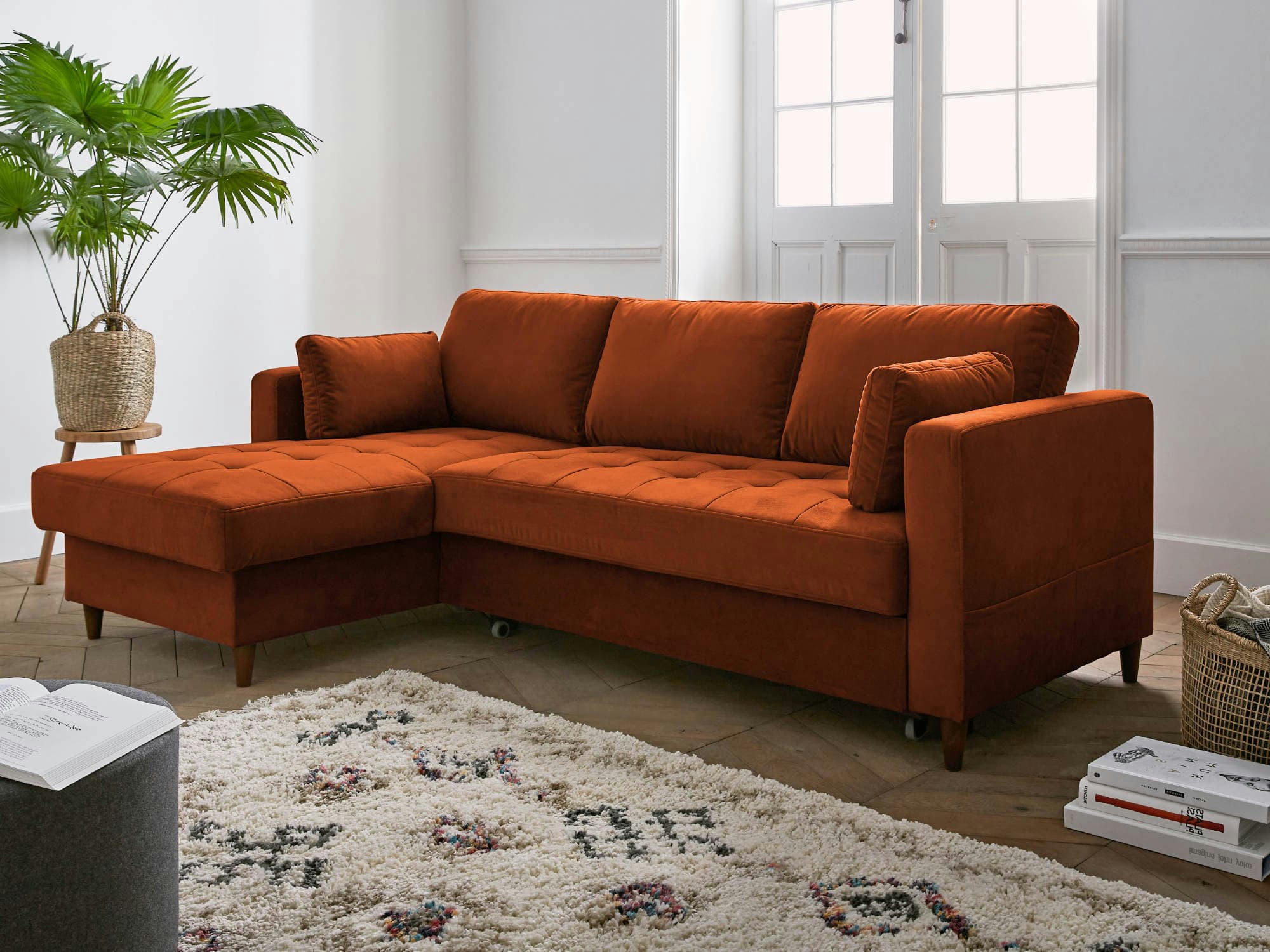 ANNA - Canapé d'angle gauche convertible 4 places en velours rouille