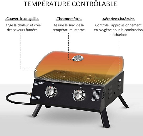 Barbecue Gaz de Table Transportable - Pieds Pliables - 2 brûleurs 5 KW - Grille de Cuisson - Réceptacle Graisse
