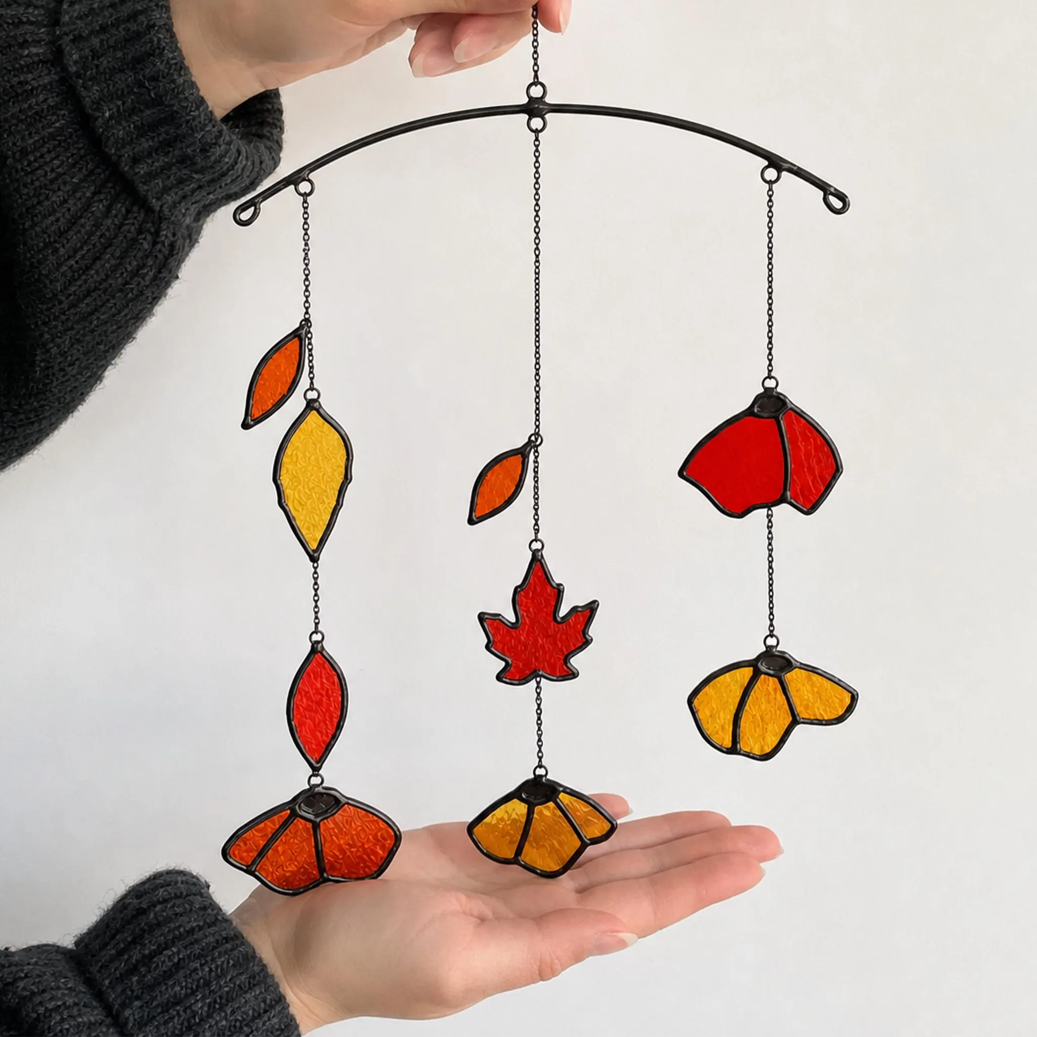 Fall Leaves Stained Glass Mobile, Handmade Glass Leaf Ornament, Autumn Window Decor, Cozy Seasonal Home Decoration