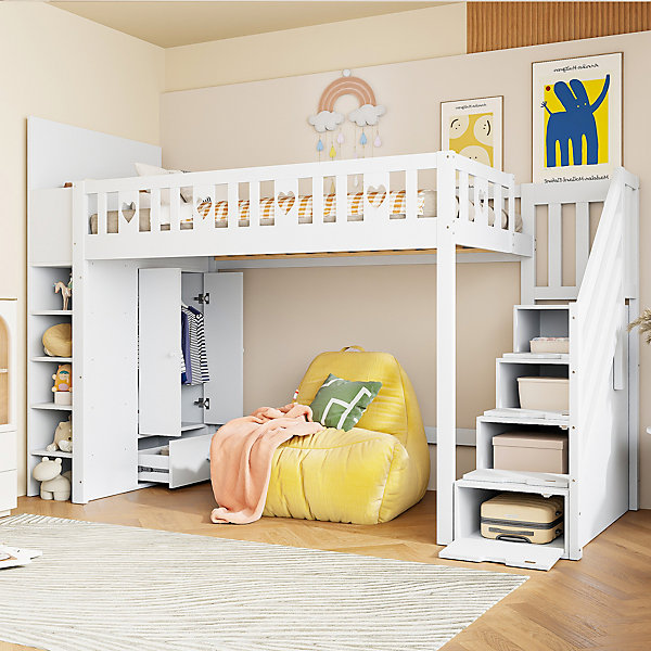 Lit Mezzanine 90x200 cm - Lit enfant avec échelle et Rangement, Lit Combiné avec Espace de Rangement, Bois Massif - Blanc