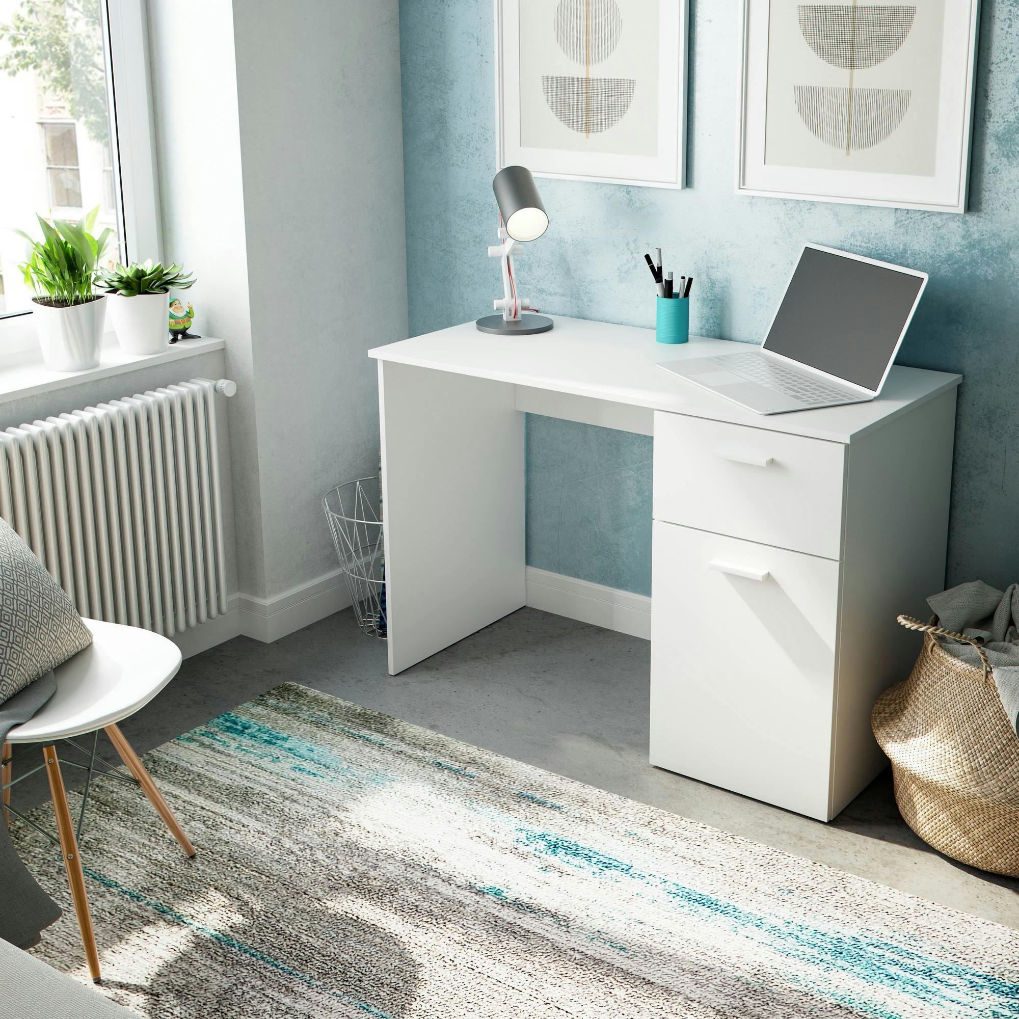 DHAVER - Bureau avec 1 tiroir et 1 porte effet bois blanc