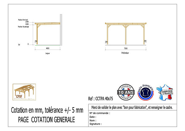 Carport toit plat adossé 400cmx750cm bois DOUGLAS français (charpente - auvent - abri camping-car). 30 m². Garantie 10 ans.