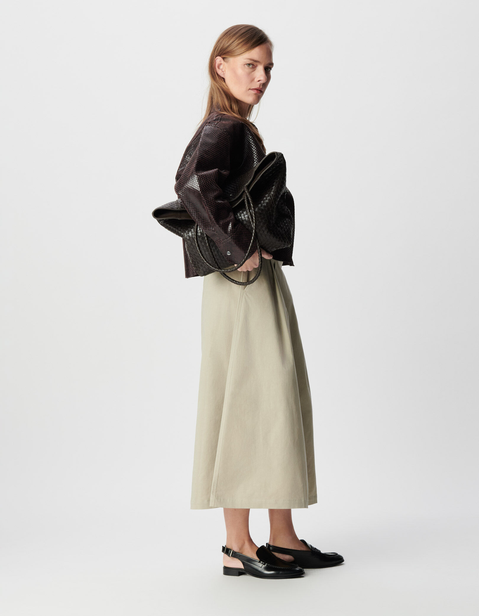 Jupe midi beige détails plis Femme