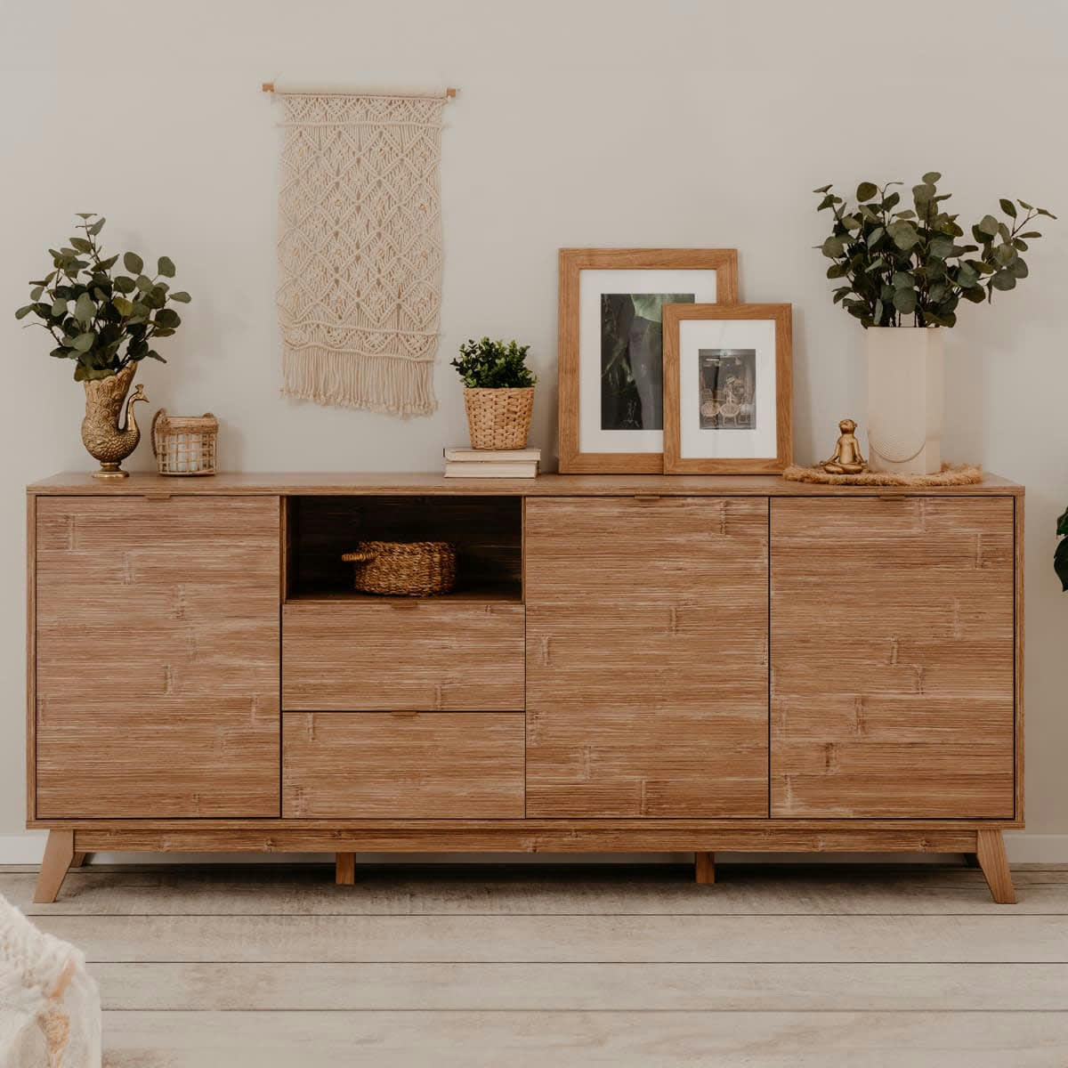 ROMI - Buffet 3 portes 2 tiroirs effet bambou 198 cm