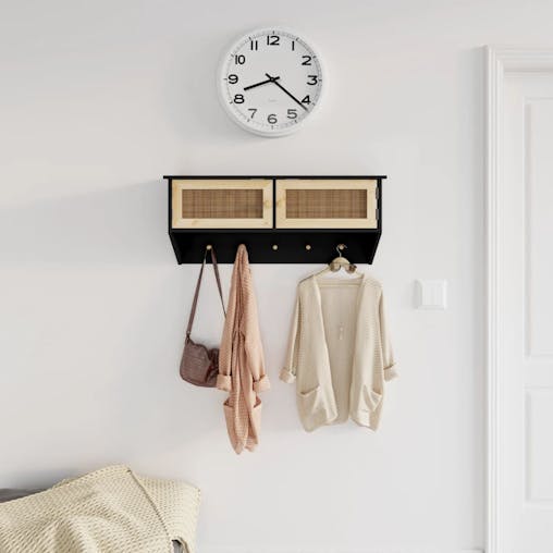 NNEVL Wall-mounted Coat Rack Black Engineered Wood and Natural Rattan