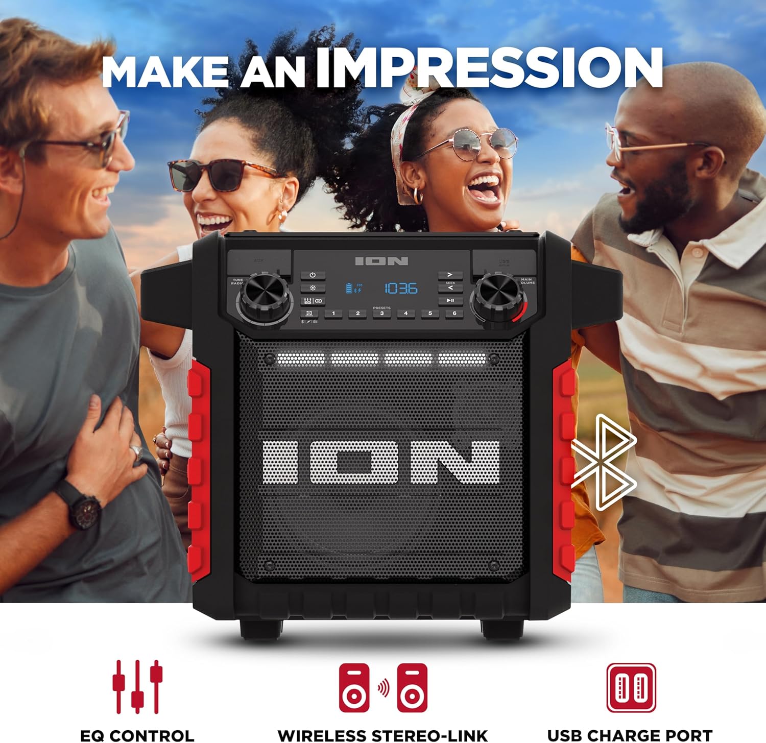 ION Tailgater Classic Outdoor Portable Bluetooth Speaker with Rechargeable Battery, FM Radio, USB Port, IPX5 Water-Resistant, 6.5 Woofer, App, Red