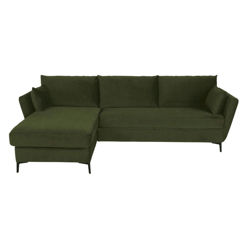 Prague - Canapé d'angle gauche convertible 2/3 places en velours vert mousse, matelas 10 cm