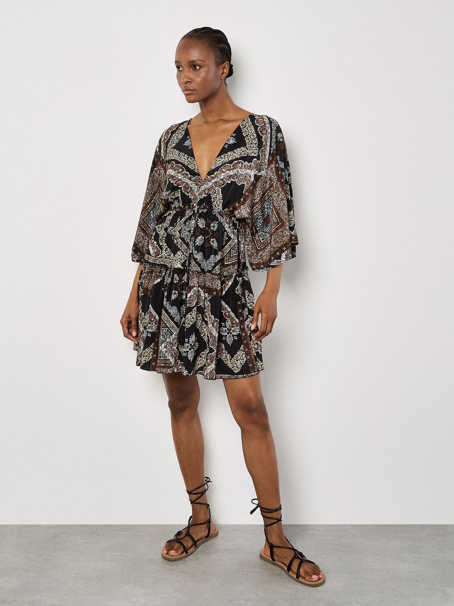 Apricot Satin Scarf Print Kaftan Mini Dress