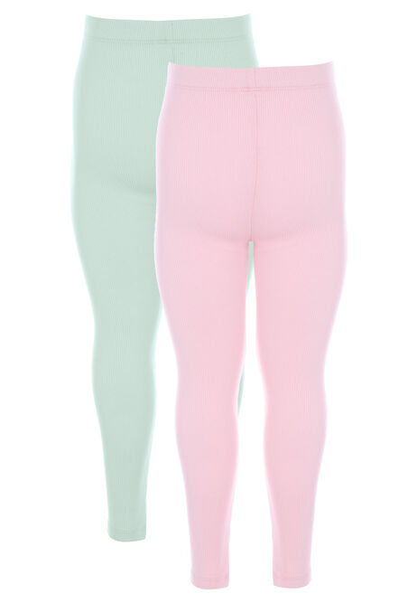 Younger Girls 2pk Pink & Sage Ribbed Leggings
