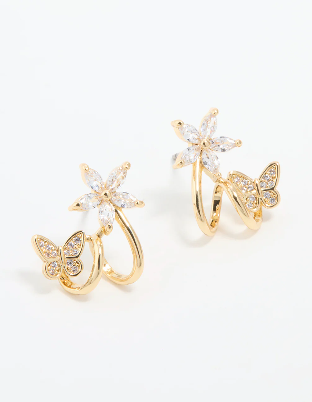 Gold Plated Cubic Zirconia Flower Butterfly Ear Jacket Earrings