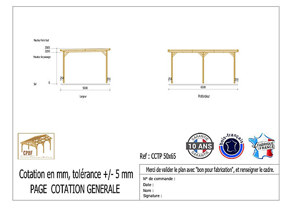 Carport toit plat 500cmx650cm bois DOUGLAS français (charpente - auvent - abri camping-car). 33 m². Garantie 10 ans.