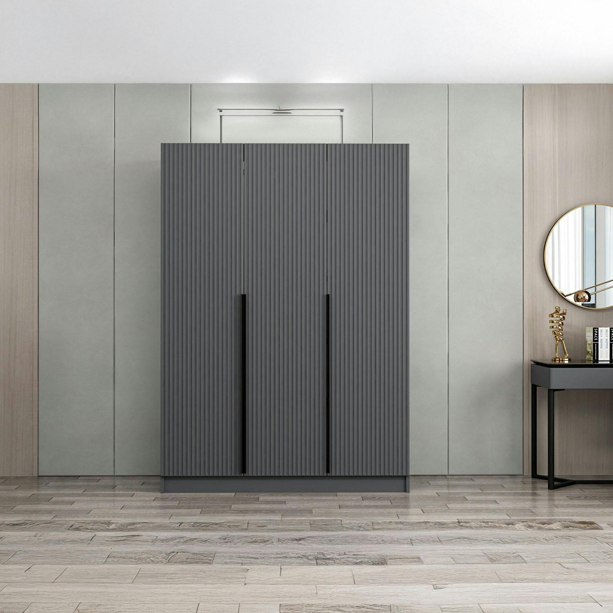 Armoire penderie design 3 portes grises rainurées BYRON