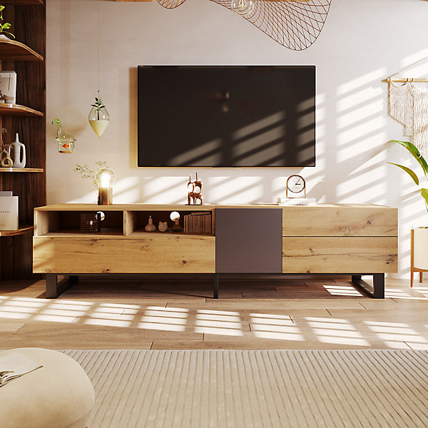 Meuble TV avec 2 Compartiments ouverts et 2 Tiroirs - MDF et Métal - 180x38x50 cm - Naturel