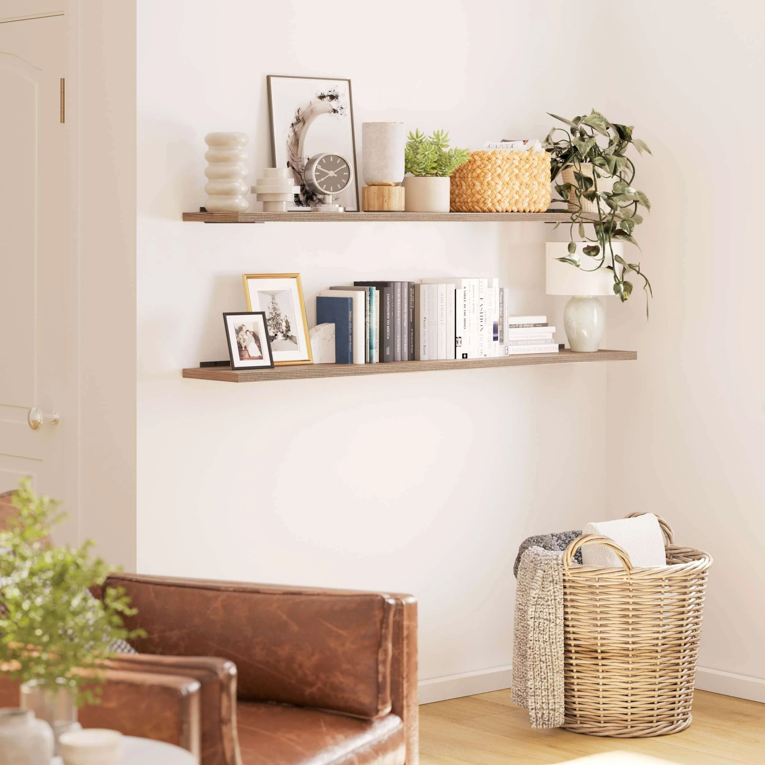 Wallniture Palm 60 Inch Long Floating Shelf for Wall, Kitchen and Living Room Decor, Bookshelf, Home Organization, Burnt, 2 Pcs