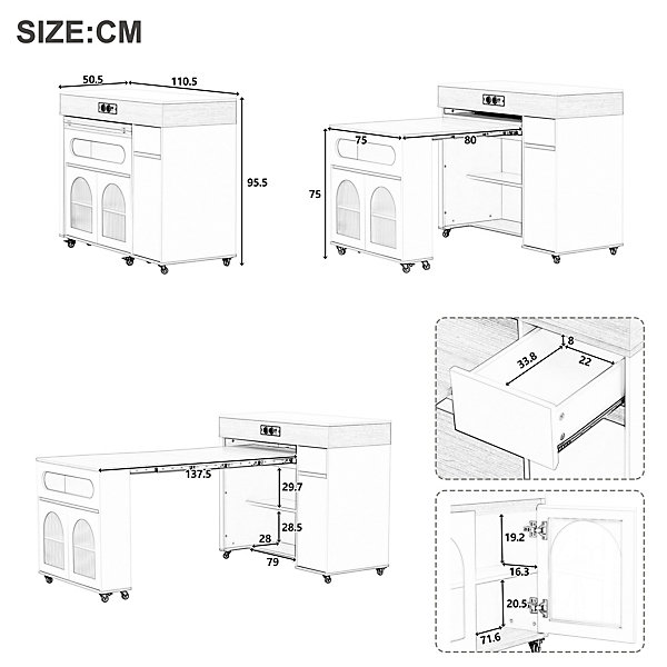 Îlot de cuisine extensible avec blocs multiprises,verre Riffe,tiroir,table de bar mobile,50,5-187,5 x110,5 x95,5 cm,Noir