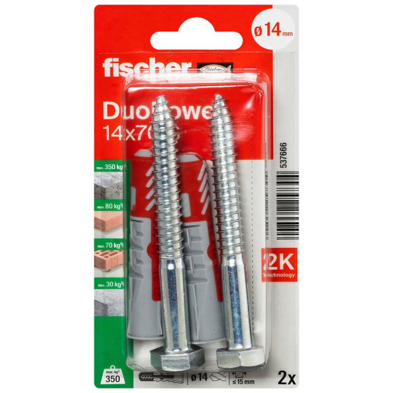 Cheville DuoPower S en nylon avec collerette et vis Ø 14 x 70 mm 2 pièces