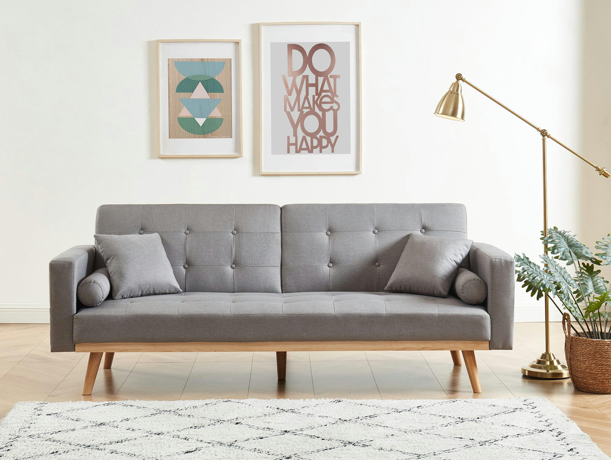 KELLY - Canapé droit convertible en tissu 3 places  gris