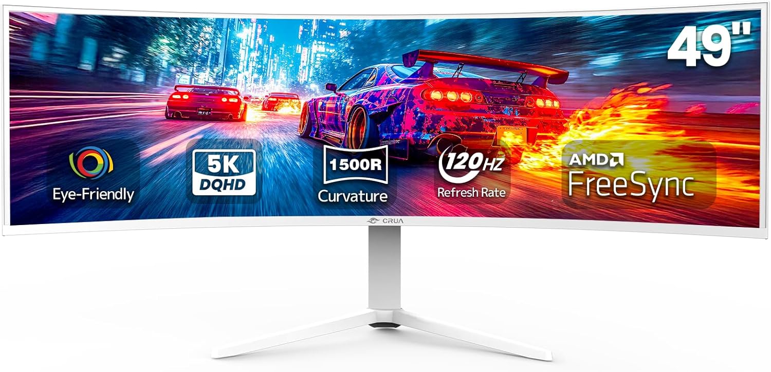 CRUA 49 White Curved Monitor | DQHD(5120 * 1440)  120Hz  1500R  32:9  AMD FreeSync  120% sRGB  Height Adjustable Ultra-Wide Screen Computer Monitors  HDMI 2.1 & DP 1.4  Wall Mount Install