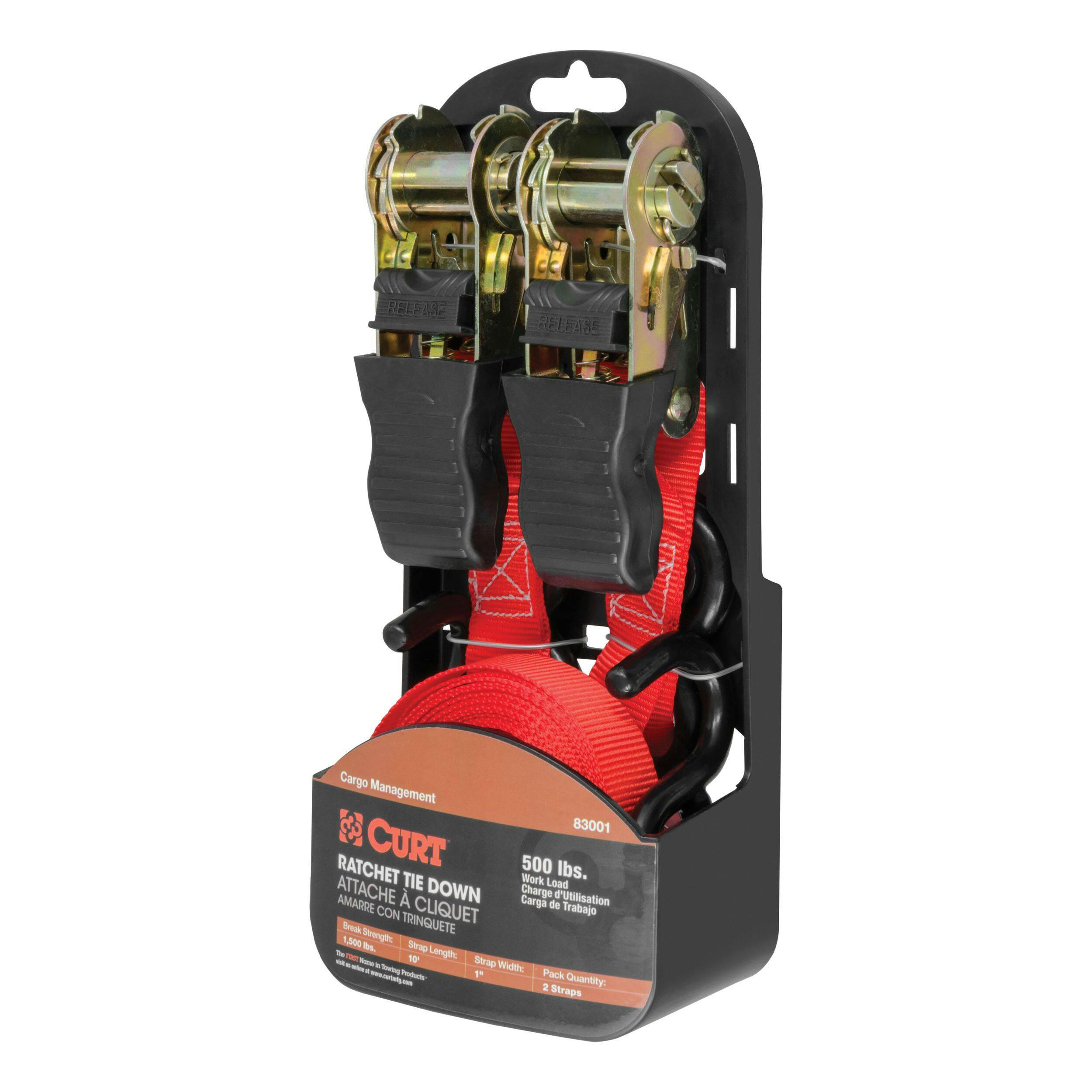 CURT 10-ft Red Cargo Straps with S-Hooks (500-lb, 2-pk)