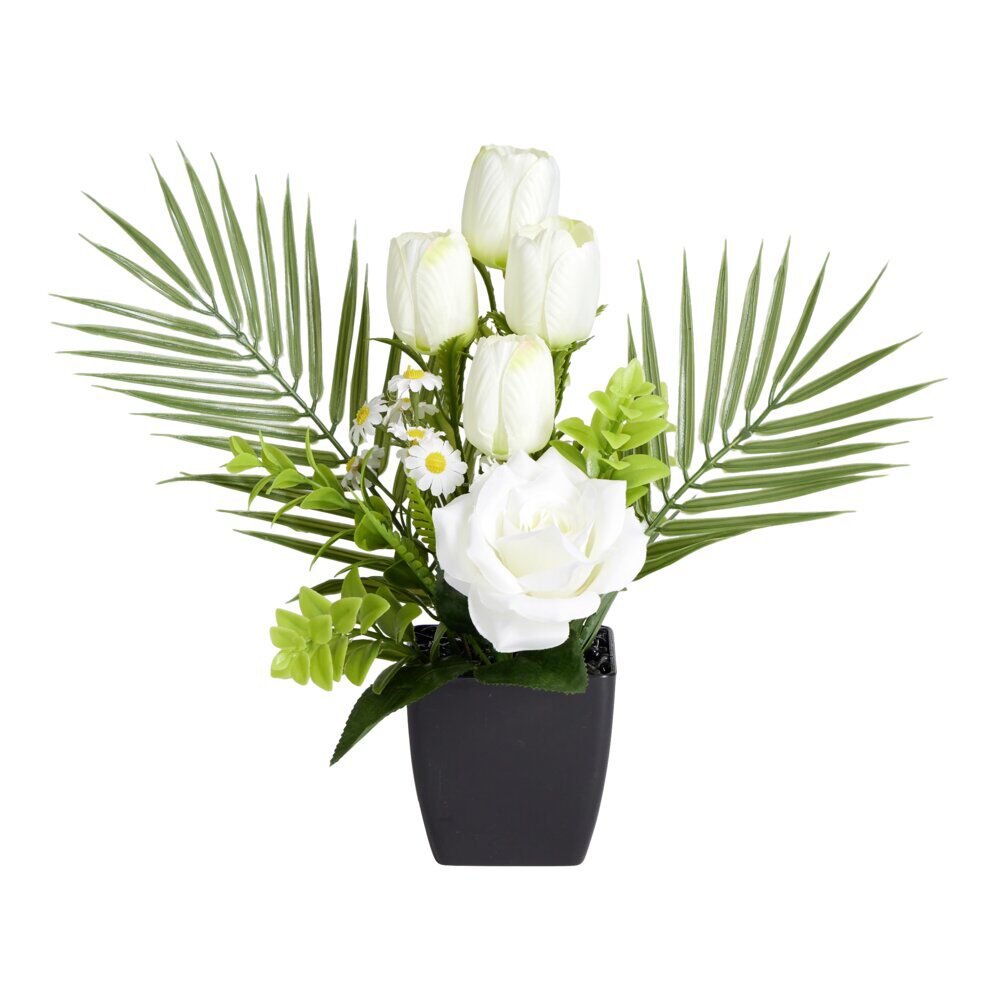 Composition florale artificielle roses et tulipes blanches pot 20x18xH34cm
