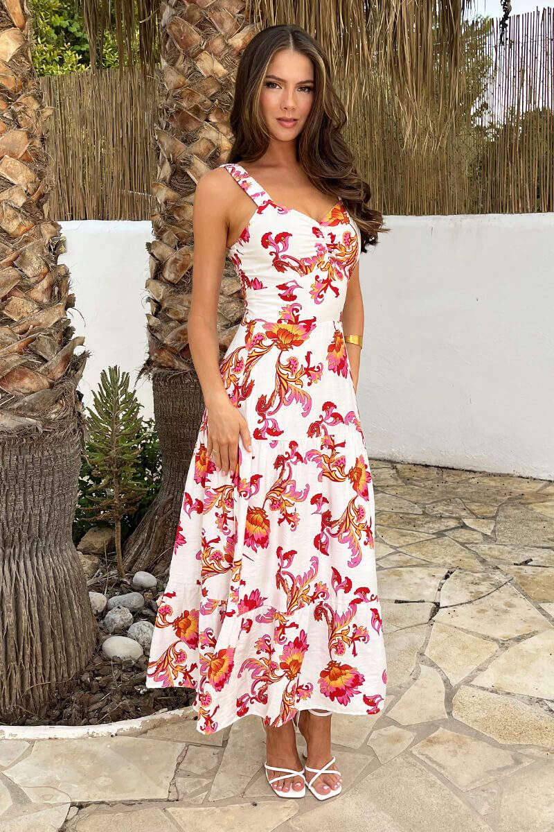 AX Paris Multi Floral Print Shirred Straps Tiered Midi Dress