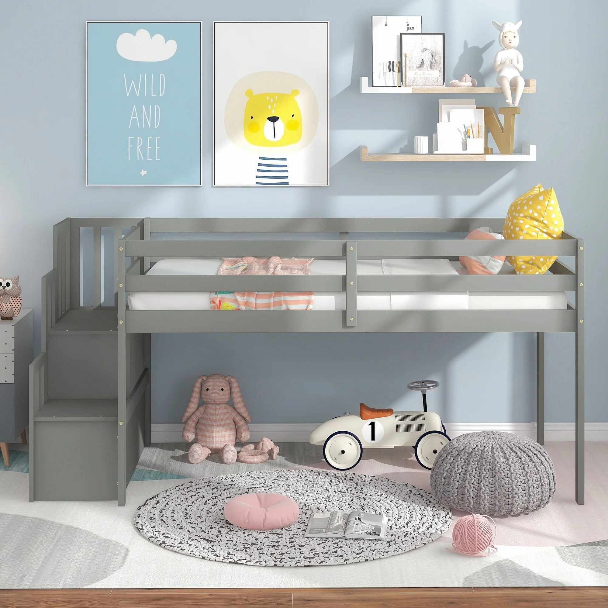 Wood Loft Bed Frame with Storage Staircase, Twin Size Kids Low Loft Bed with Play and Storage Spaces Underneath for Boys Girls