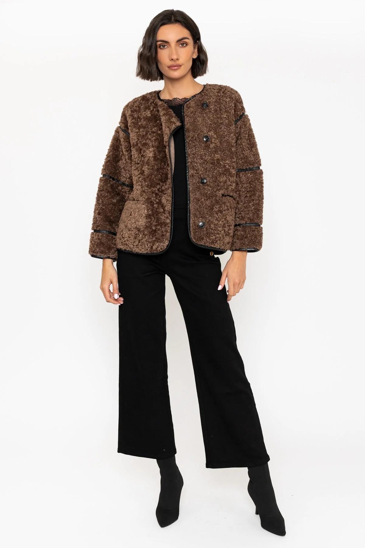 Mocha Brown Faux Fur Jacket with Black Details