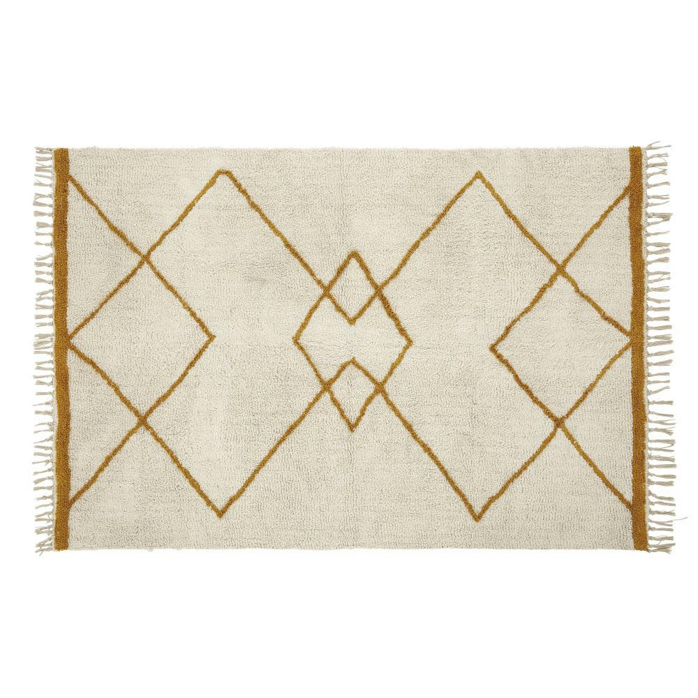 YREKA - Tapis style berbère tufté en coton recyclé écru et jaune à franges 160x230