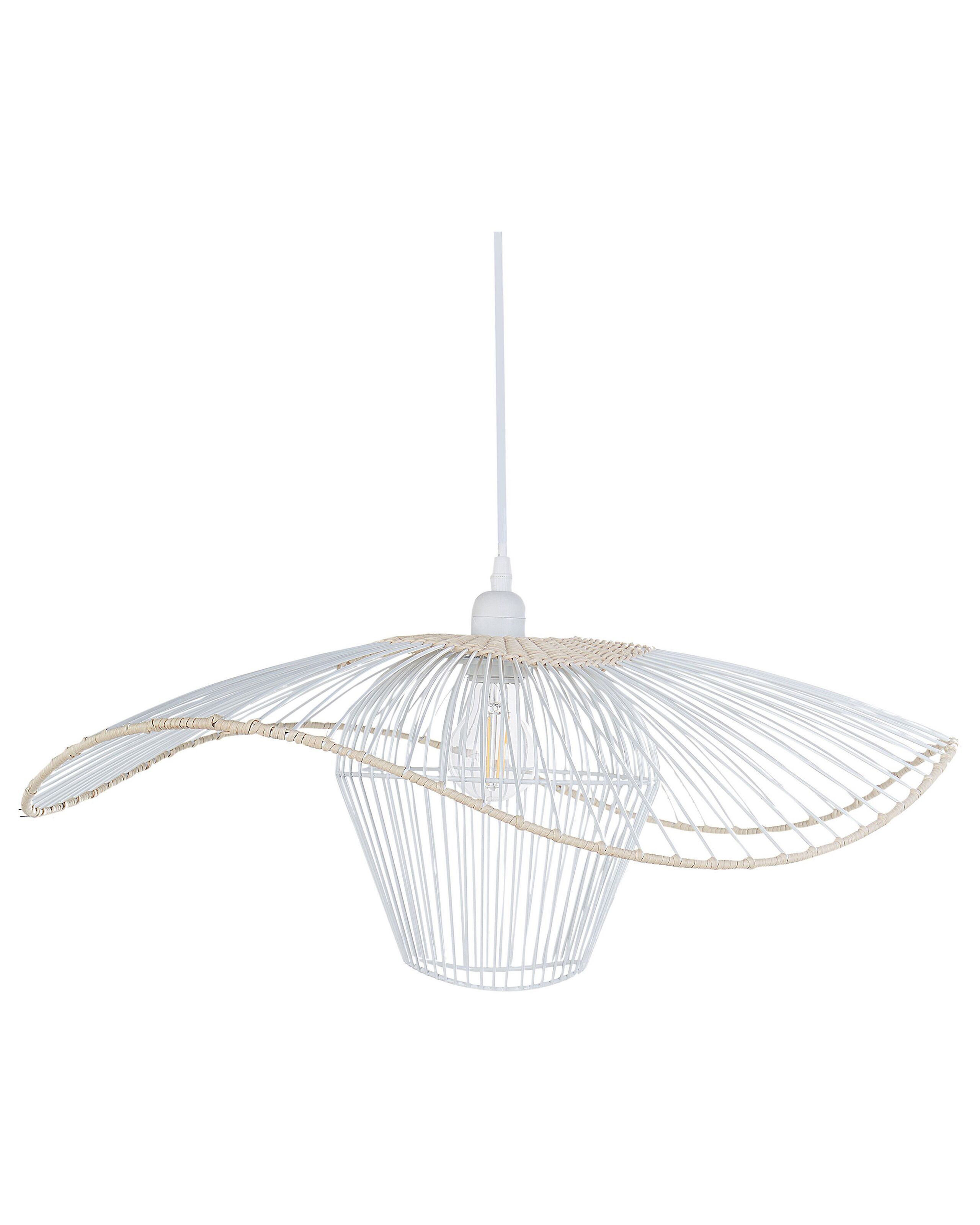 Lampa wisząca ze metalowo-rattanowym kloszem biała