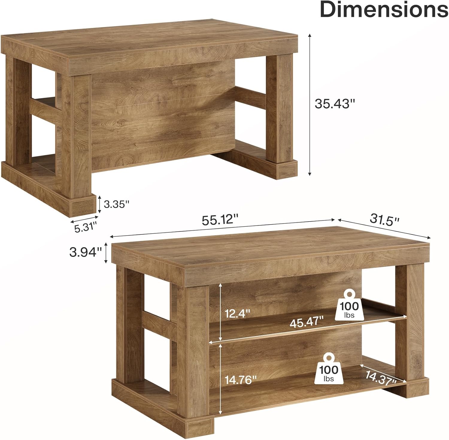 Tribesigns 55 Kitchen Island with Seating and Storage, 3-Tier Farmhouse Wood Stationary Island Table with Large Worktop & Leg Room, Coffee Bar Table with Storage Shelves for Kitchen, Natural Brown