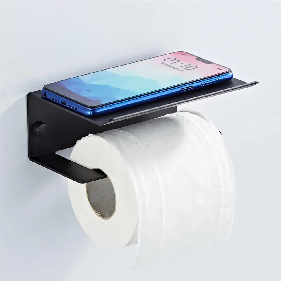 VDN Stainless WC Rolhouder zwart - Toiletrolhouder met plankje
