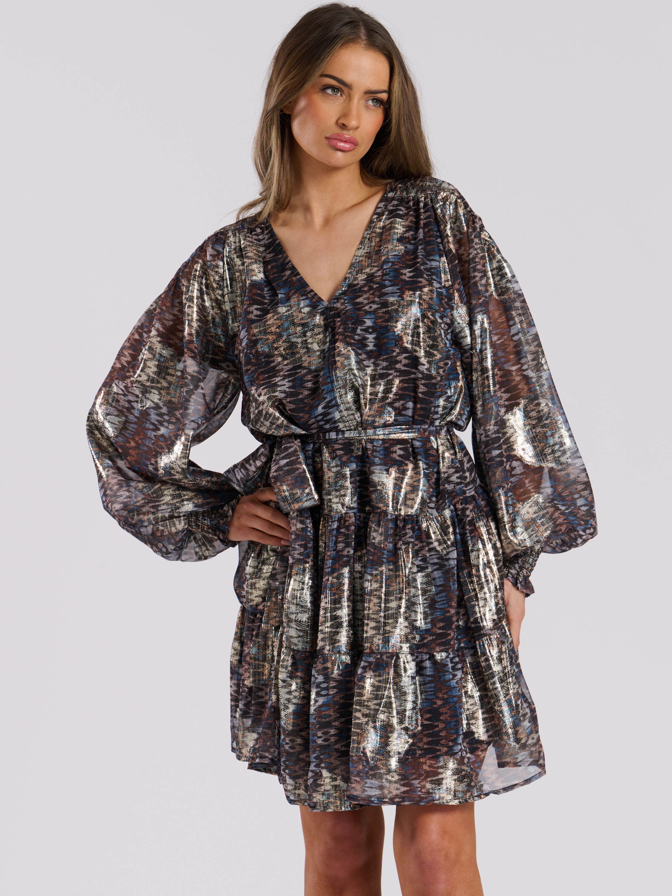 Finding Friday Print Metallic Long Sleeve Short Dress