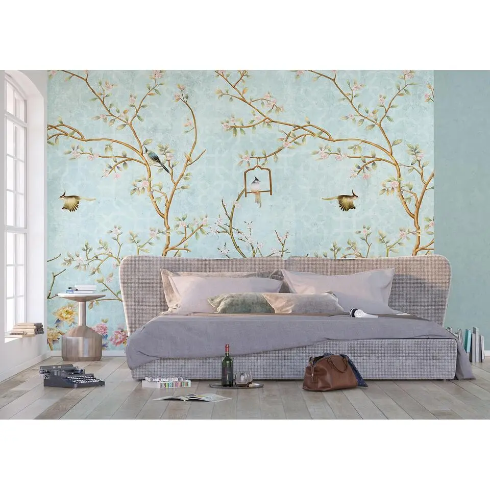 Sanders & Sanders fotobehang bloemen en vogels blauw, roze en geel