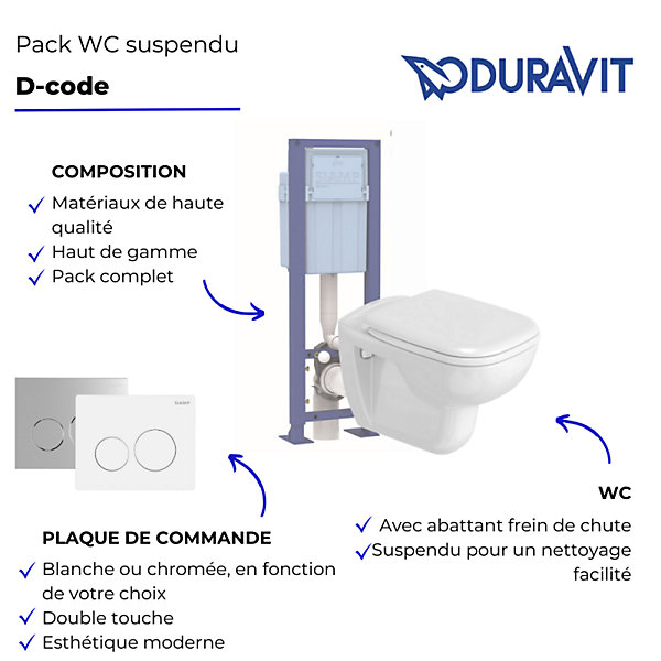 Pack WC suspendu DURAVIT D-code avec abattant   bati support SIAMP   Plaque de commande chromée